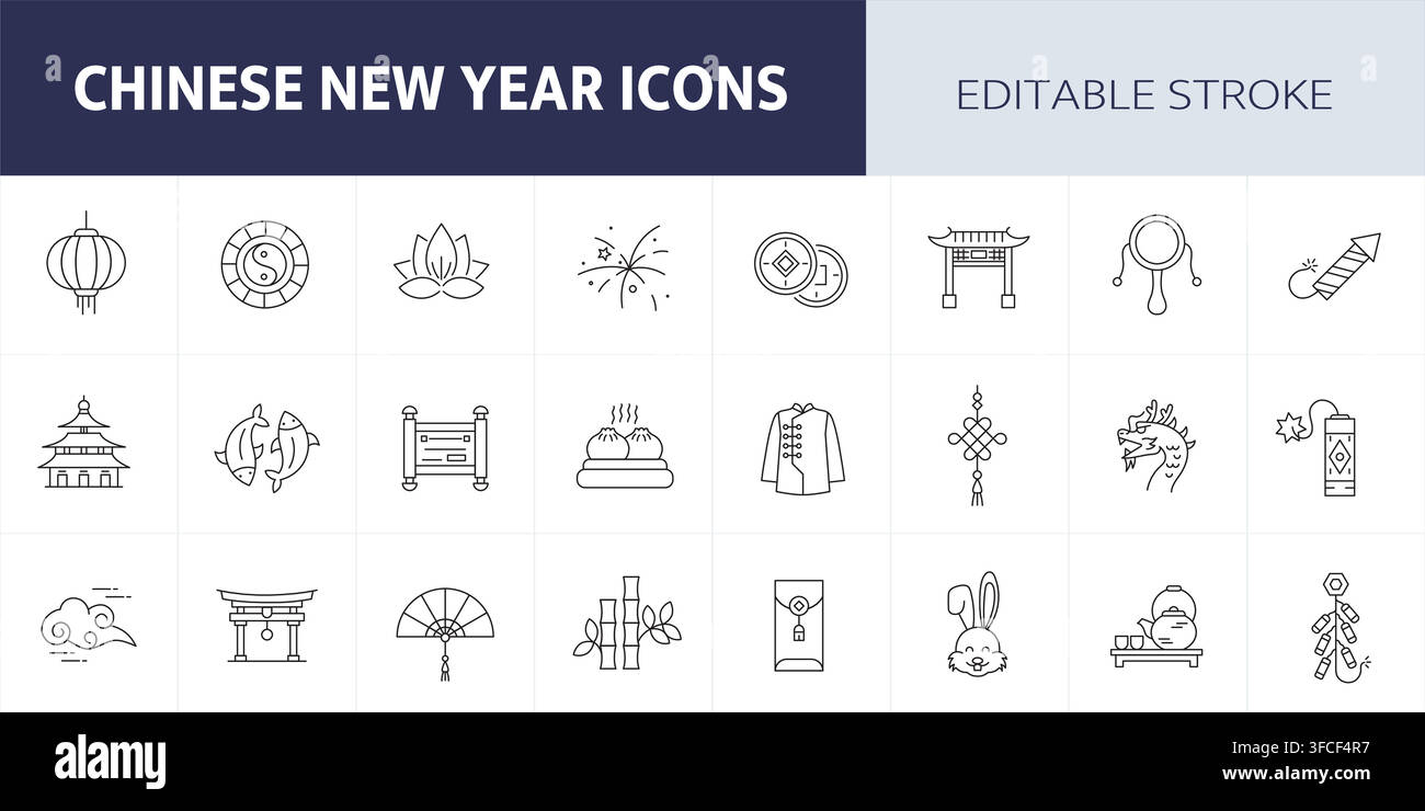 Chinese New Year Line Icon Set. Editable Stroke. Stock Vector