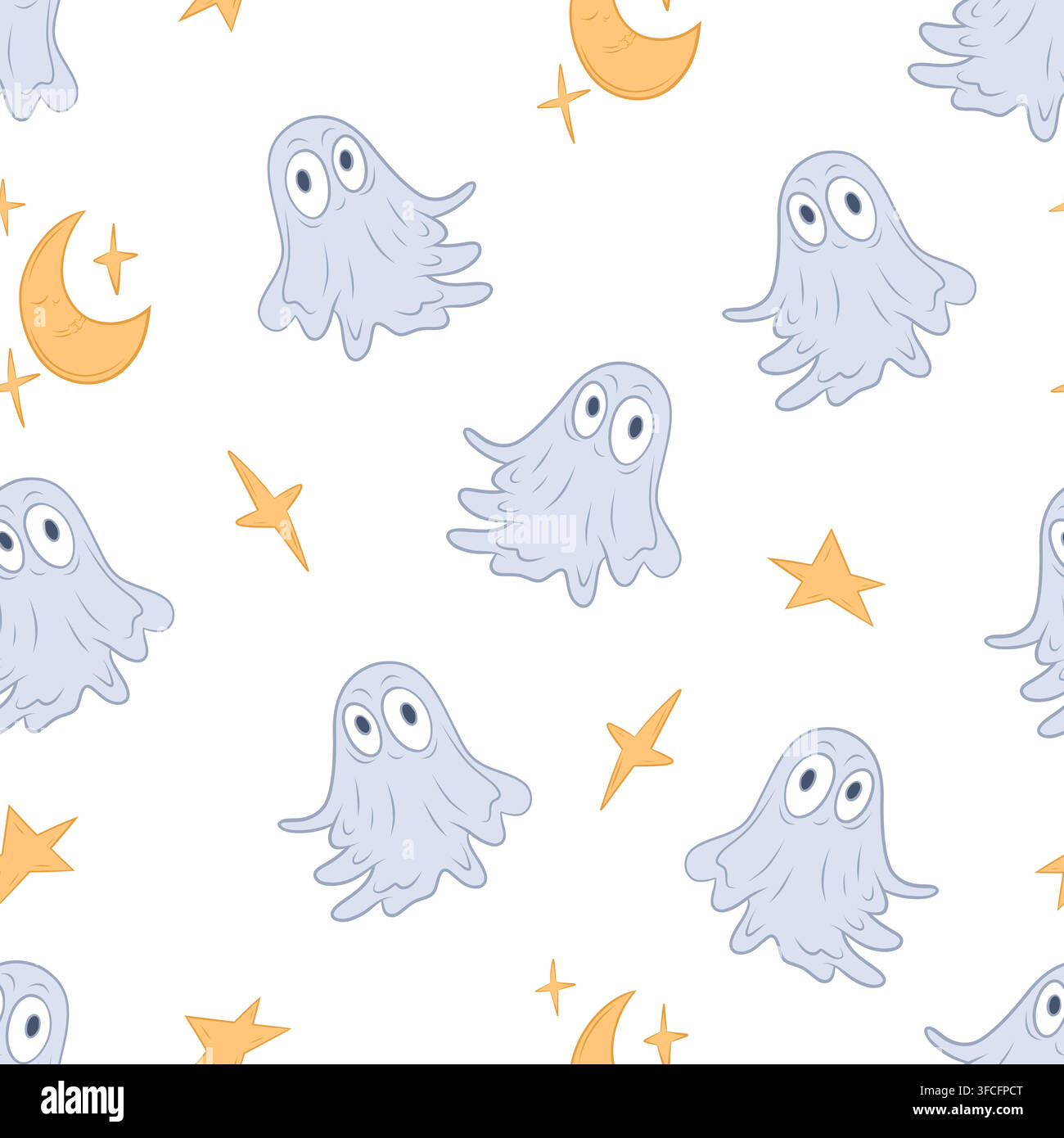 A vector seamless pattern cute ghosts, the moon and stars Stock Vector