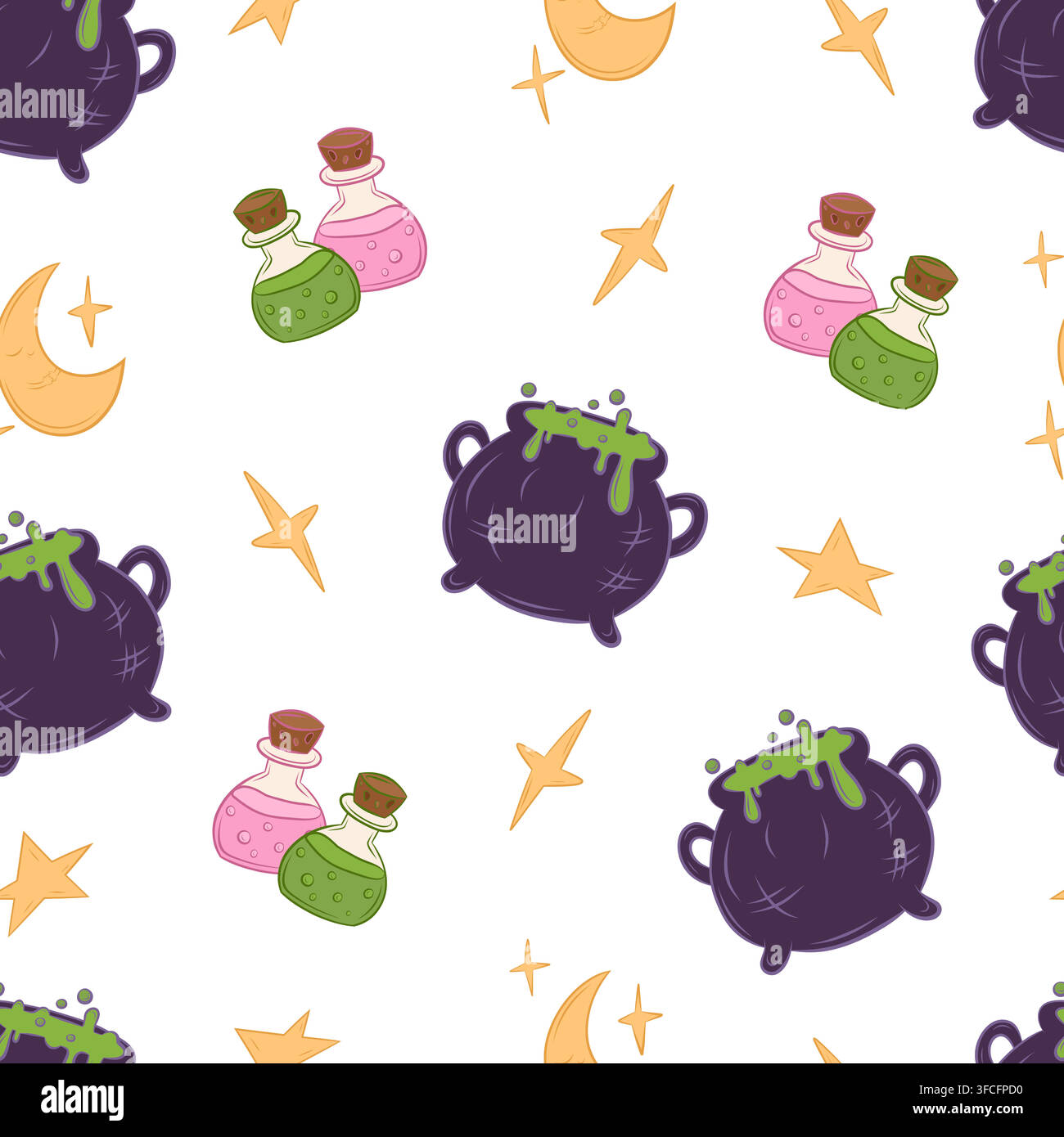 A seamless vector pattern Halloween cauldrons and potion bottles Stock Vector
