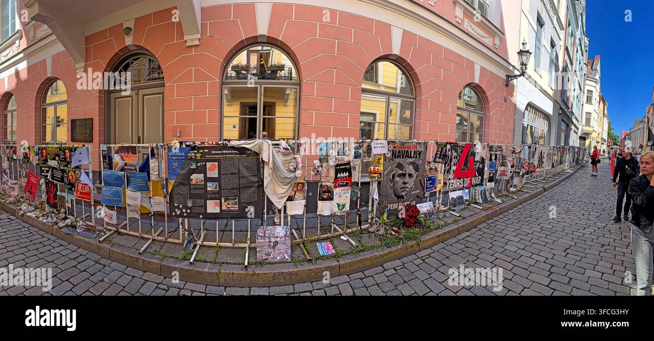 Panorama of anti-war memorials and Ukraine protest material outside Russian Embassy in Tallinn, Estonia Stock Photo
