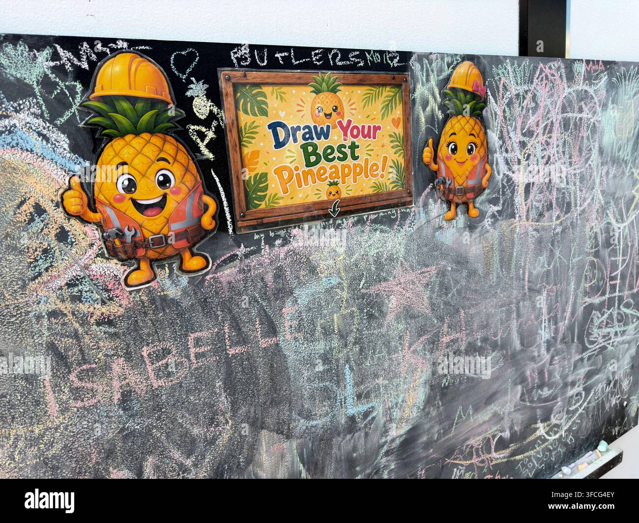 Draw your best pineapple chalkboard during Northwich Pina Colada Festival, Cheshire, August 2026 Stock Photo