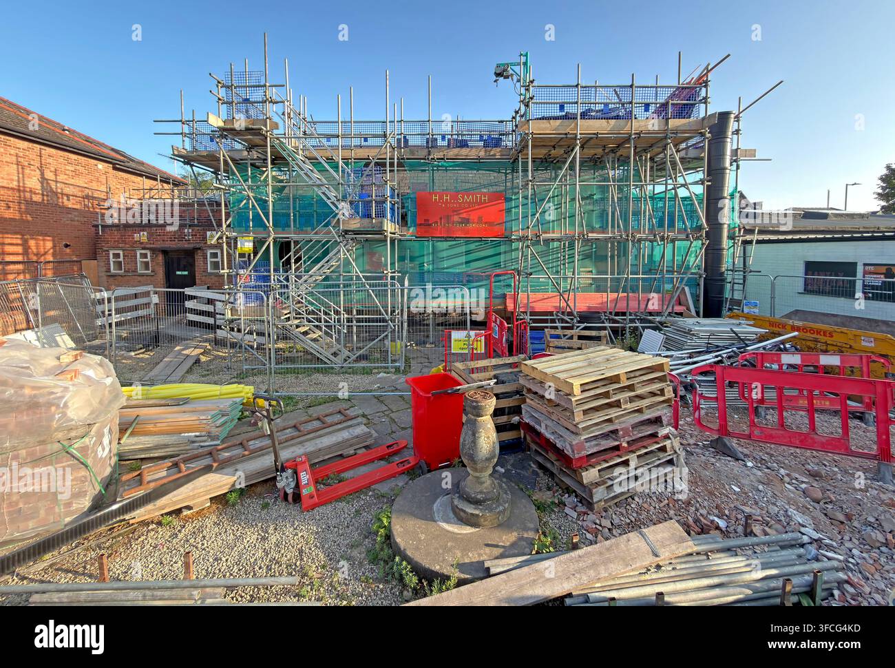 Construction site at Northwich Library restoration, with H.H. Smith contractor works in summer 2026 Stock Photo