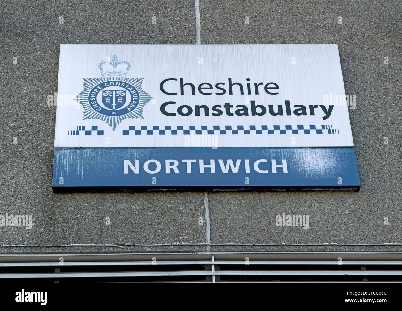 Cheshire Constabulary Northwich police station sign in Northwich town centre, Cheshire, England Stock Photo