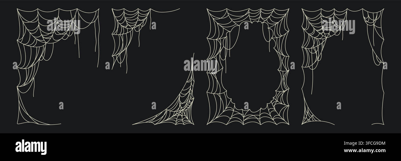 Halloween frames with spooky spider web on black background, sketch vector borders for festive posts. Scary cobweb patterns, gothic elements for haunting atmosphere designs Stock Vector