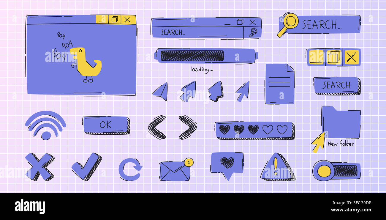 Hand drawn doodle browser icons, search bar and loading progress circles, sketch vector buttons. Ui elements for web interface design, error window and cursor arrows, folder and new message mockups Stock Vector
