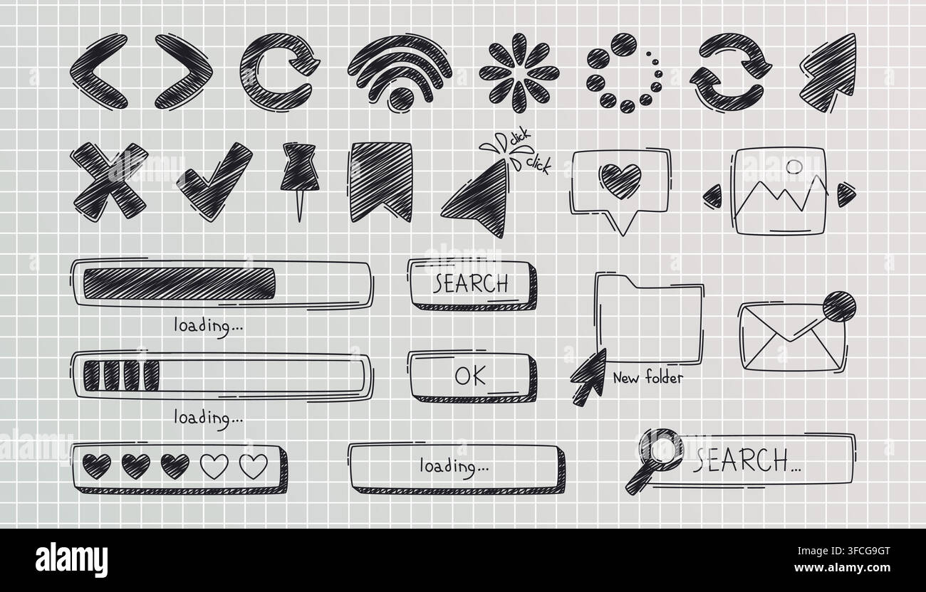Hand drawn doodle browser icons, search bar and loading progress circles, sketch vector buttons. Ui elements for web interface design, computer window and cursor arrows, folde, message, picture sign Stock Vector