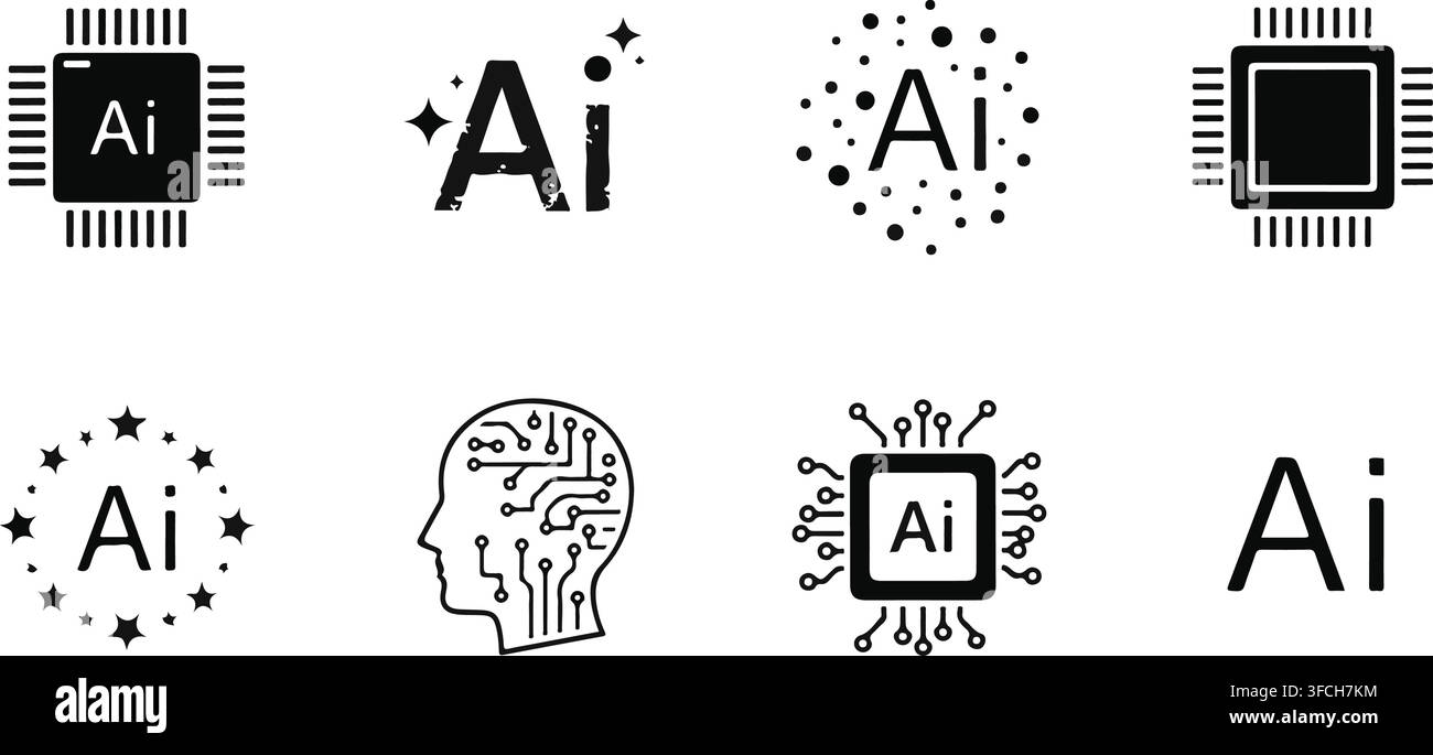 Artificial intelligence digital technology and machine learning icon set with various shapes for data processing. Stock Vector