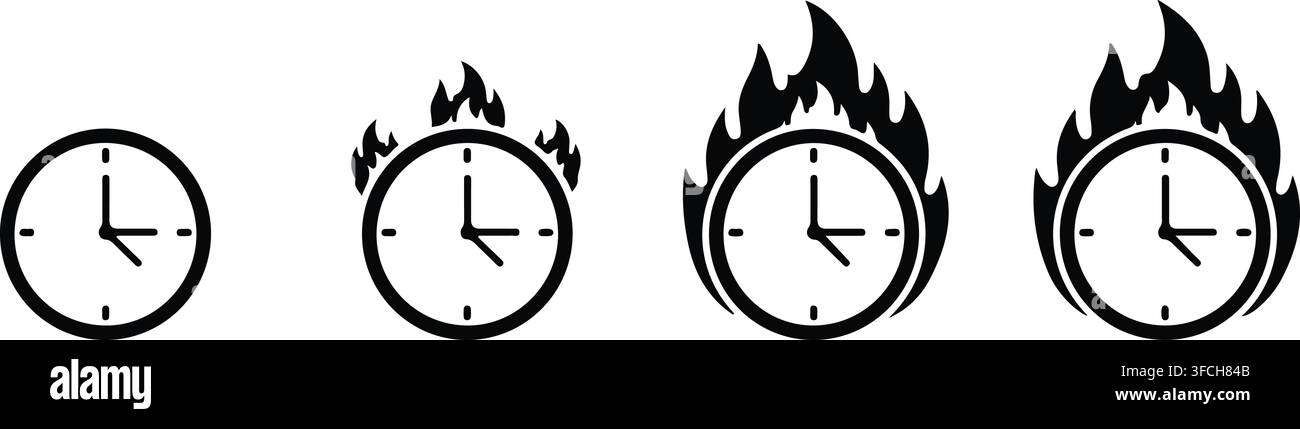 Burning clock icon sequence representing time management urgency and deadline pressure with fire flame illustrations. Stock Vector