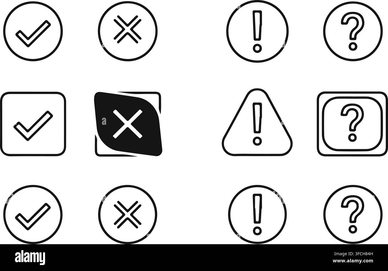 Black outline linear user interface notification icons set includes check mark cross exclamation and question mark. Stock Vector
