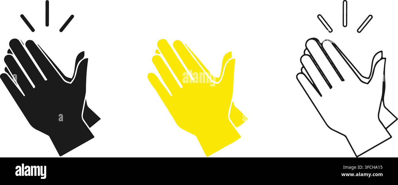 Clapping hands applause icon set in black and yellow colors for success celebration and positive feedback gesture. Stock Vector