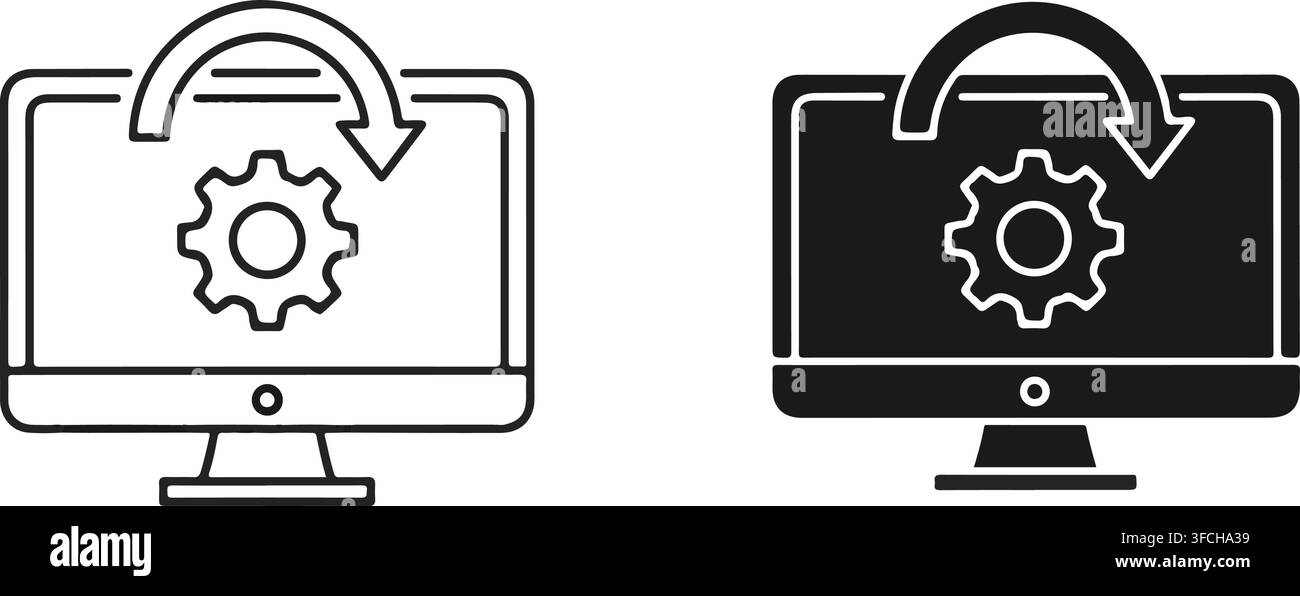Computer monitor with gear and refresh arrow icon representing system update and software development. Stock Vector