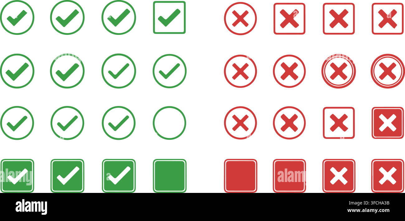 Comprehensive green checkmarks and red cross marks set in circular and square frames for validation interface. Stock Vector