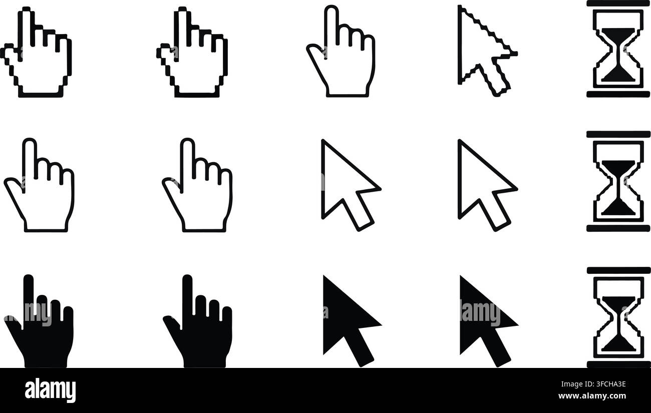 Computer cursor set featuring pointer arrow and hourglass icons in varied graphic styles for software interface use. Stock Vector