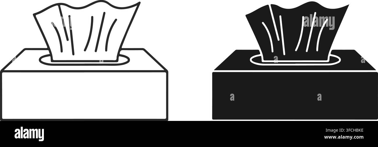 Facial tissue box vector icon for paper napkins in outlines and solid black fill isolated on transparent background. Stock Vector