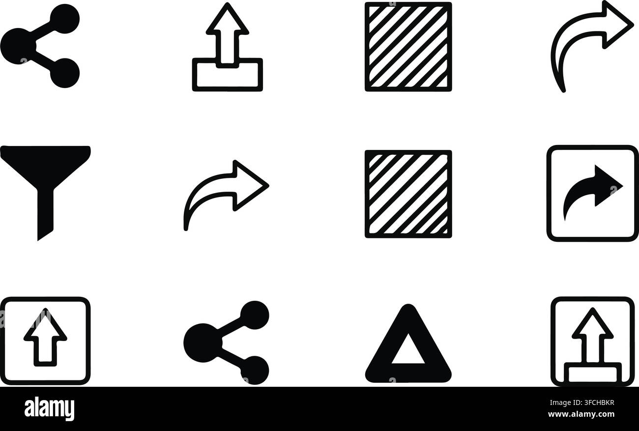 Essential interface icons set featuring share filter upload and redirection symbols for web application development. Stock Vector