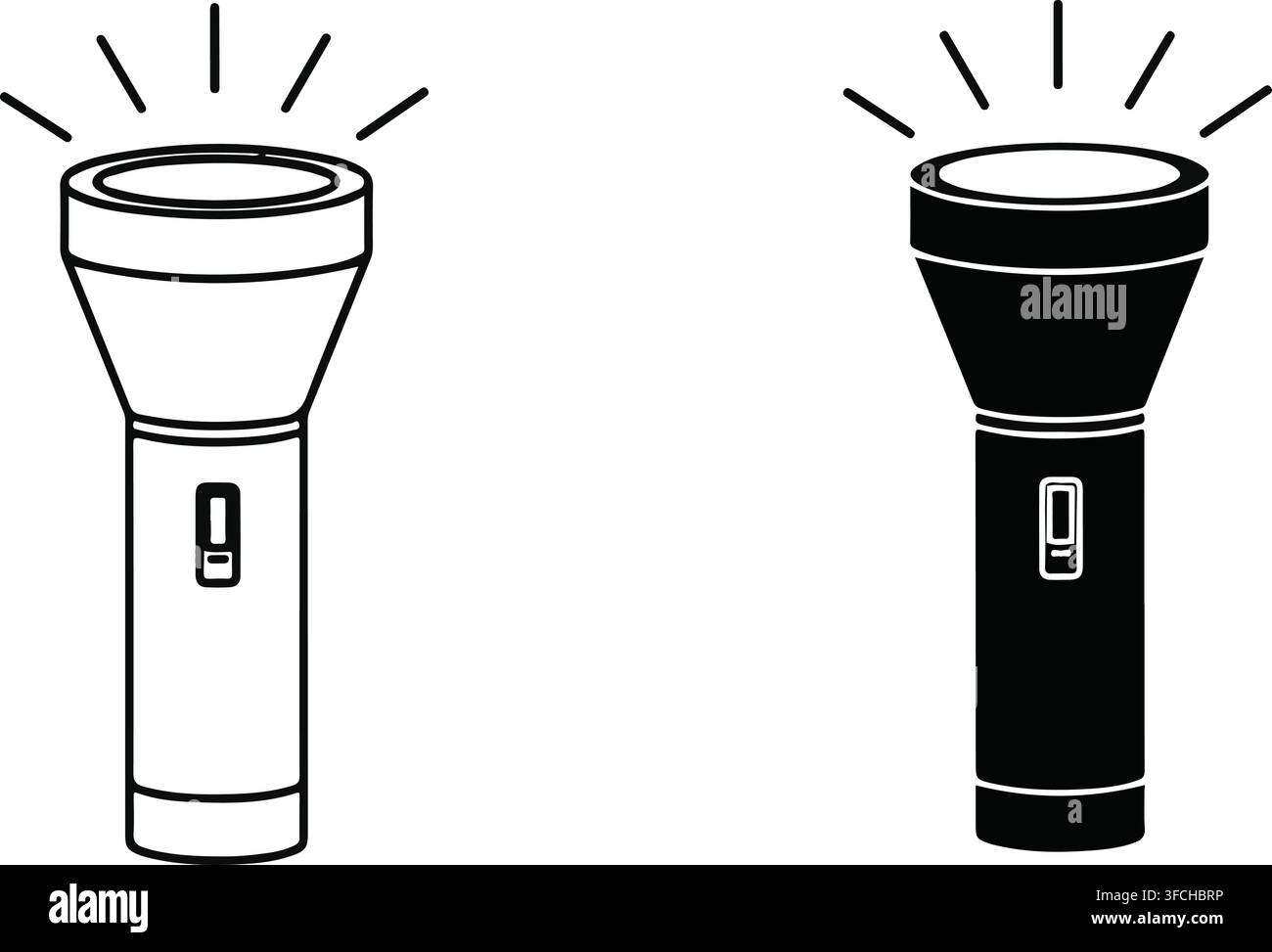 Flashlight tool icon set with beam emission lines for emergency equipment visualization and utility application design. Stock Vector