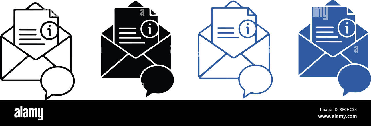 Four email envelope icons with an information symbol and a speech bubble, great for communication and notification designs. Stock Vector