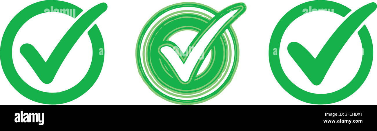Green check mark icons with circular frames for quality assurance approval confirmation and positive feedback tasks. Stock Vector
