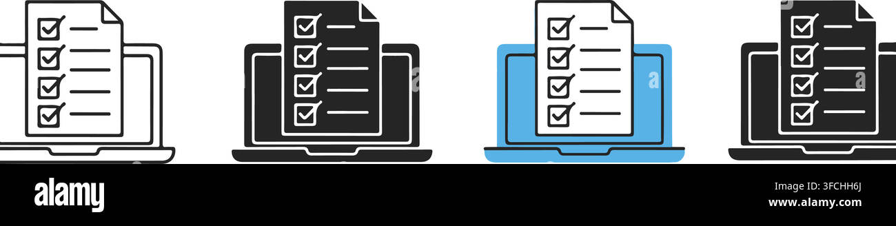 Laptop computer showing online survey or checklist form vector set with checkmark lines in black and blue styles. Stock Vector