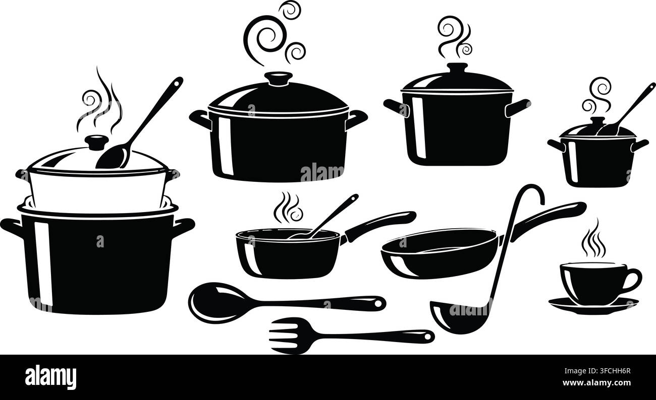 Kitchenware black silhouette icons set featuring pots pans spoon fork ladle and cup for cooking and baking theme vector. Stock Vector