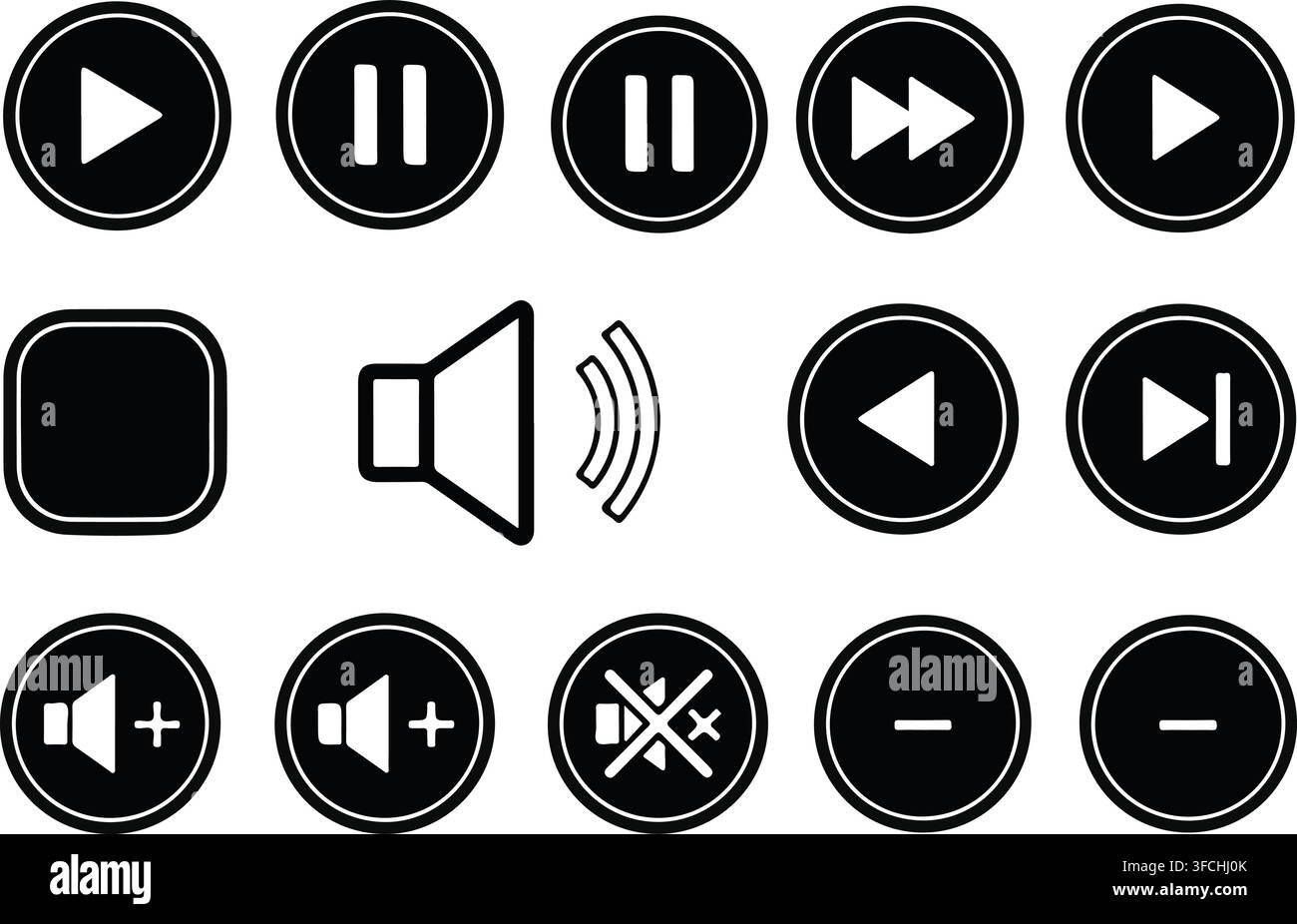Multimedia player interface control buttons collection for video and audio playback software design and mobile apps. Stock Vector