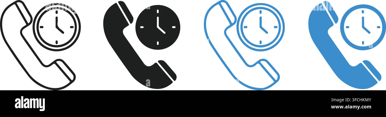 Phone call service time icon with analog clock sign vector illustration set for communication. Stock Vector