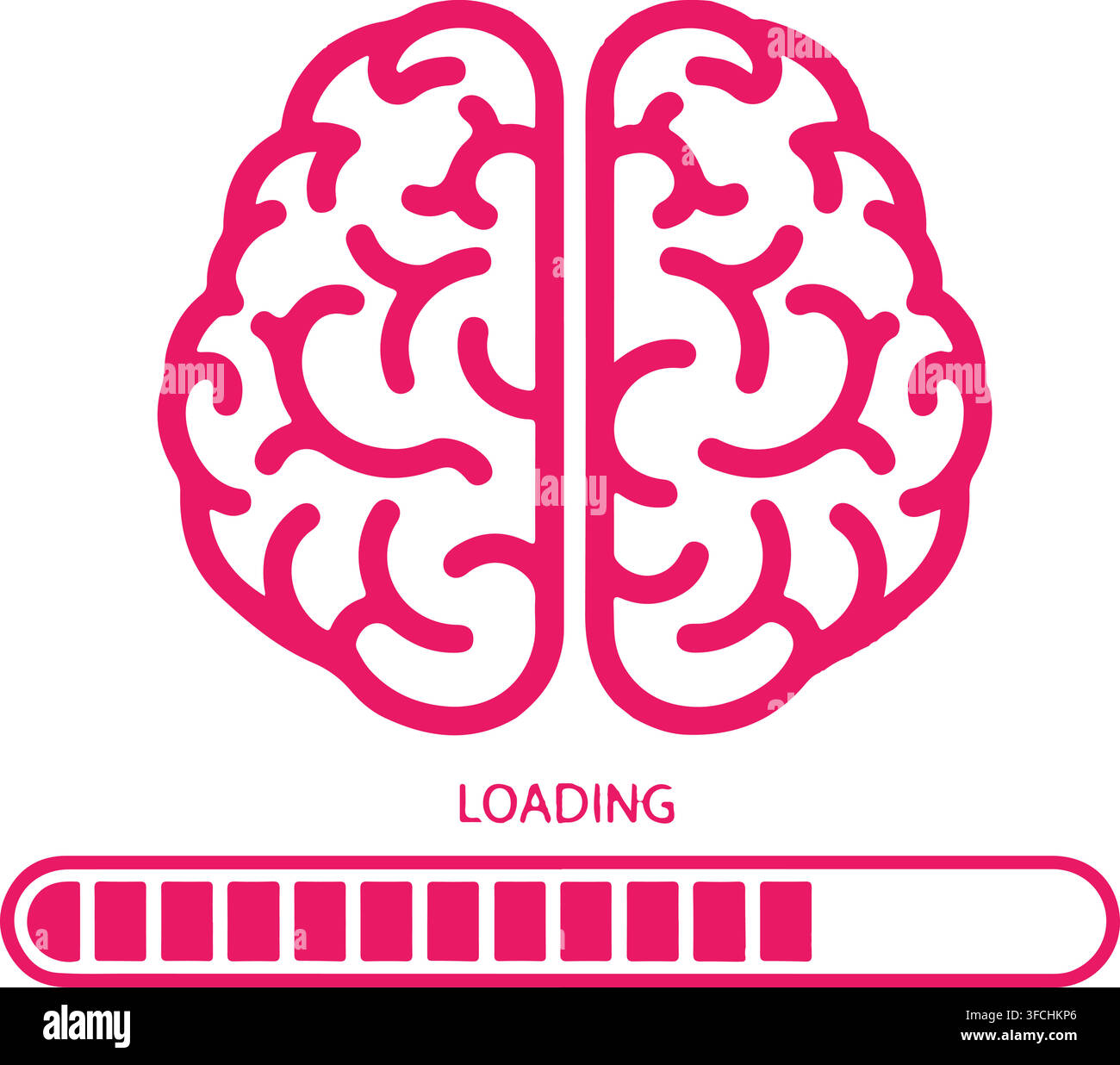 Pink human brain with loading bar indicates cognitive process at progress for technology and science. Stock Vector