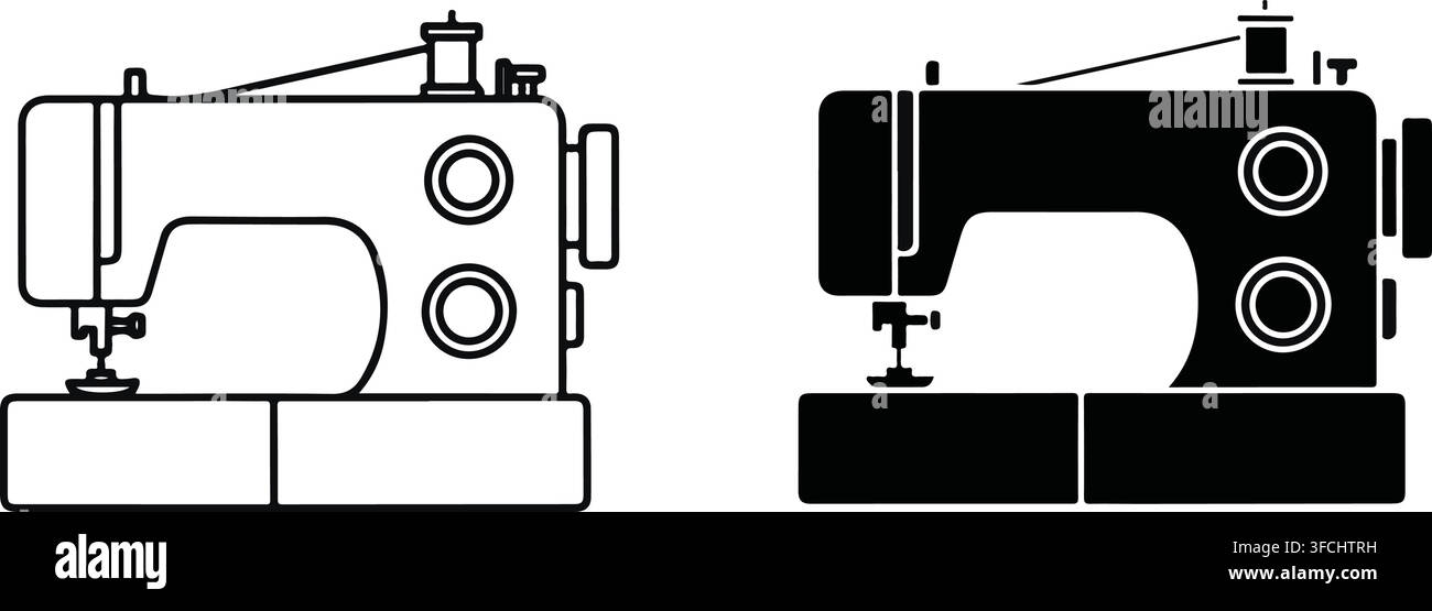 Sewing machine vector graphic set featuring outline and solid styles for garment repair and tailoring workshop logos. Stock Vector