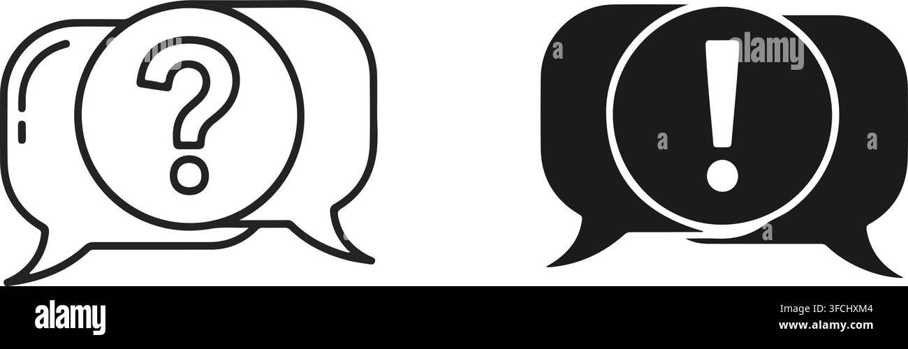 Speech bubbles with question and exclamation marks in outline and solid styles for customer support communications. Stock Vector