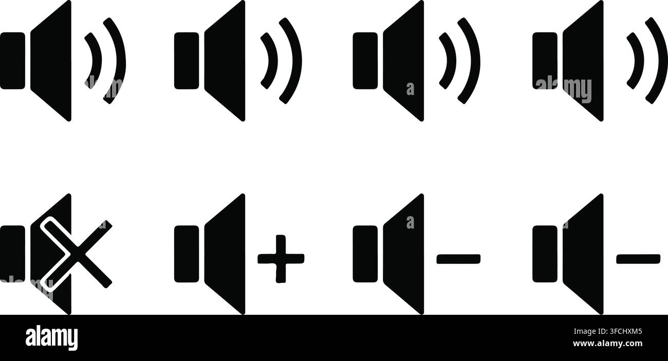 Sound speaker volume control icons with mute plus and minus symbols for user interface and audio application design. Stock Vector