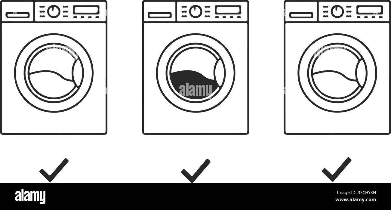 Three front-loading washing machine illustrations with check marks, displaying different water levels. Stock Vector