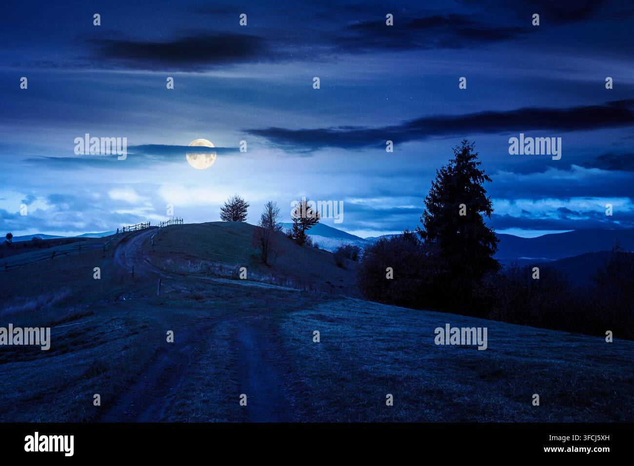 winding rural dirt path through hill at night. rolling countryside of ukraine in fall color. cloudy sky in full moon light. carpathian mountains in au Stock Photo