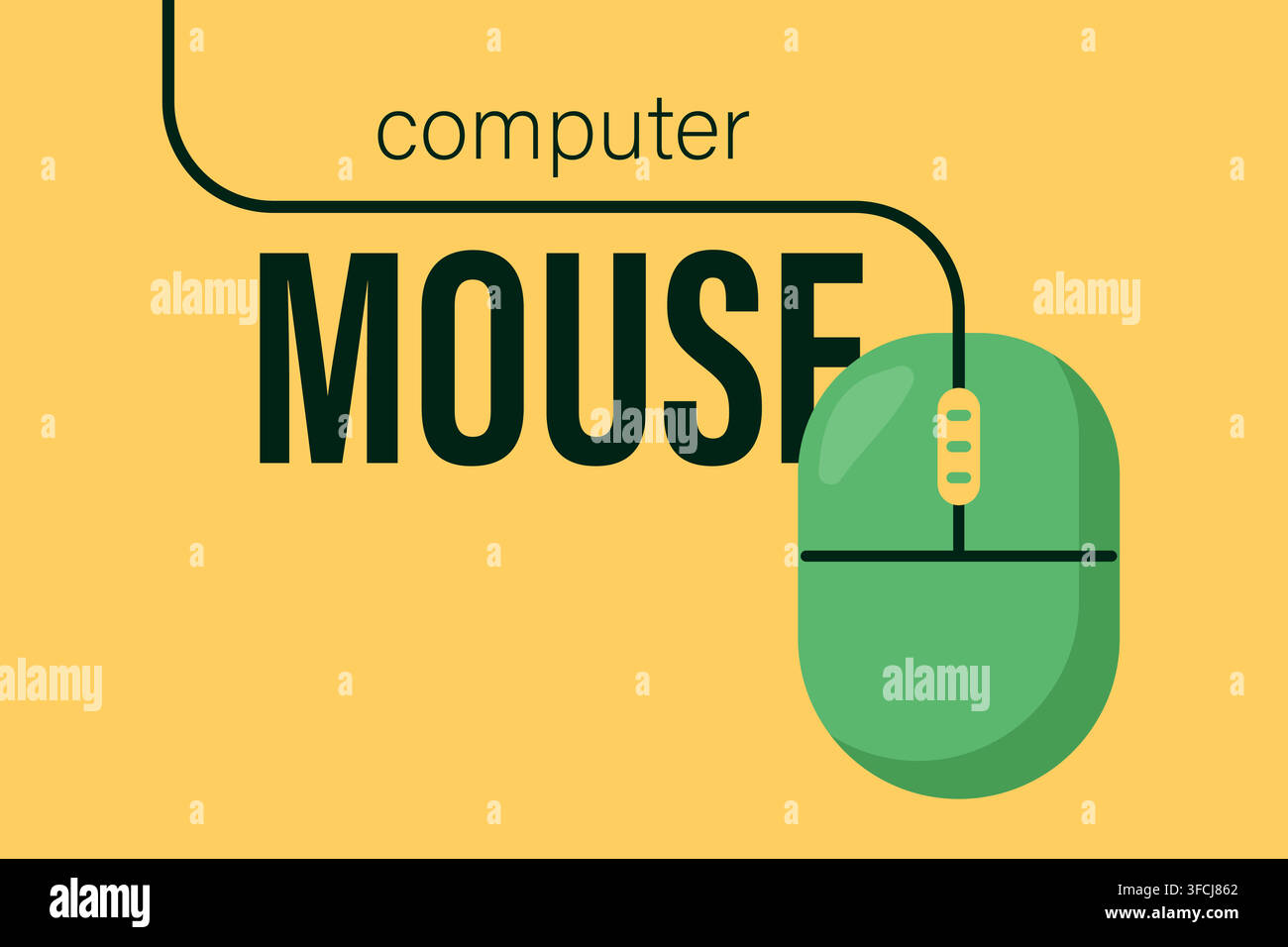 Computer Mouse with Text and long Wire. Banner for IT sphere, Technologies, education. Green computer controller on yellow background. Hardware top vi Stock Vector
