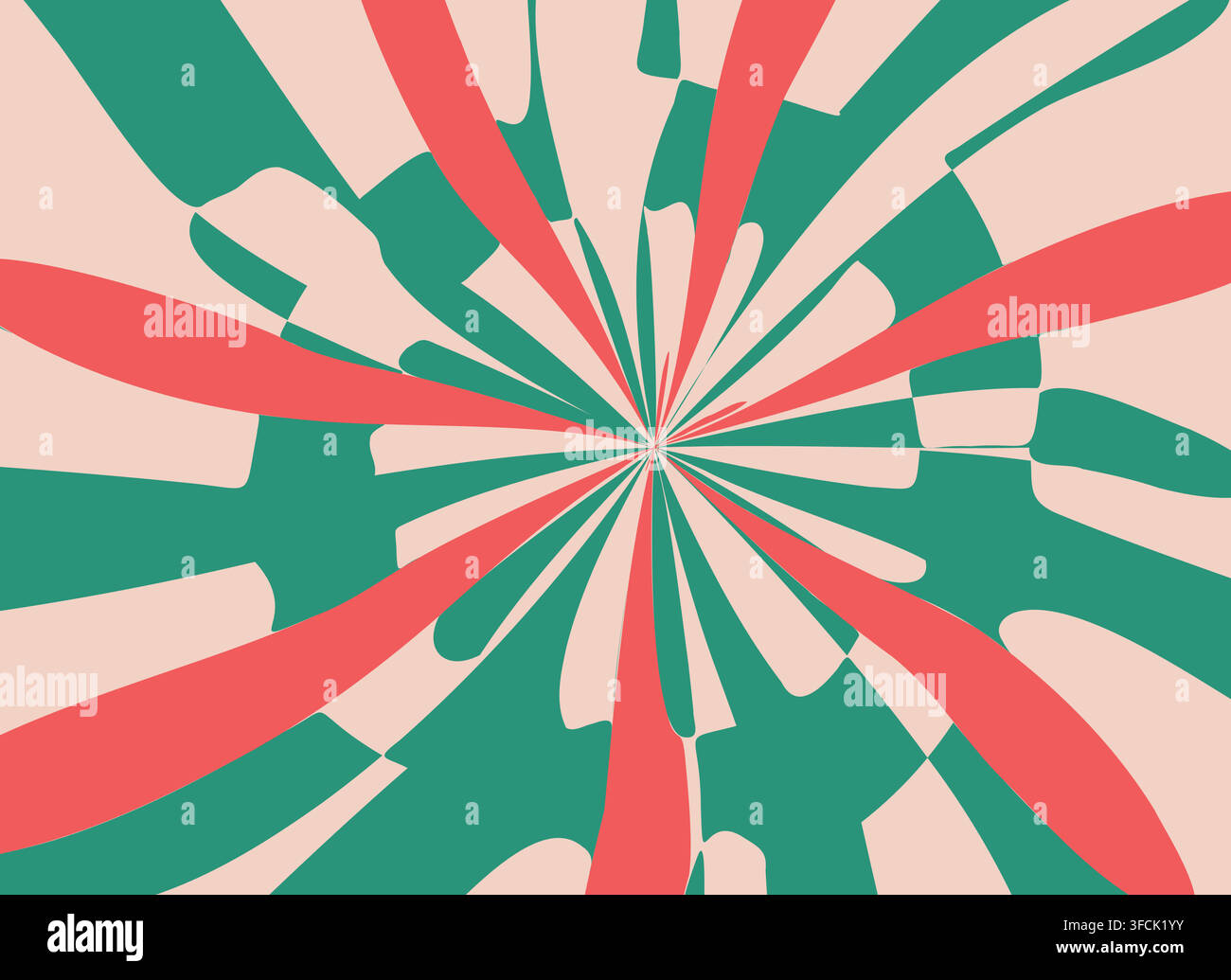 Abstract radial swirl in red green pink with dynamics of movement. Twisting curly stripes. Whirlwind, vortex. Background, wallpaper or holiday decor. Stock Vector
