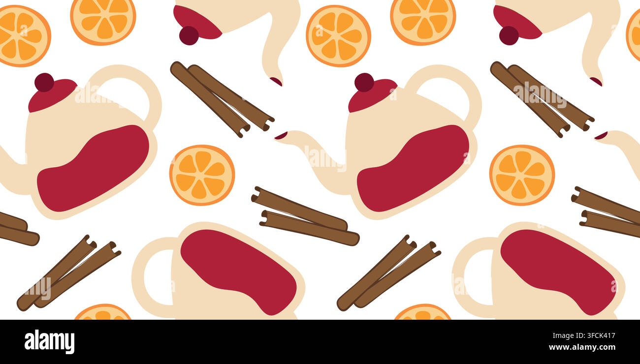 Teapot, Orange, Cinnamon sticks. Seamless Pattern, background. Tea party, round citrus slice and spice. Glass Kettle, Tea or coffee utensils. Kitchen Stock Vector