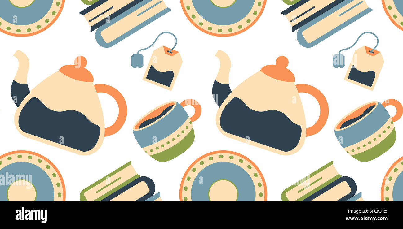 Cozy tea time seamless pattern on white background. Flat vector repeat background with teapot, tea bag, cup. Books and saucers for fabric print, wrapp Stock Vector