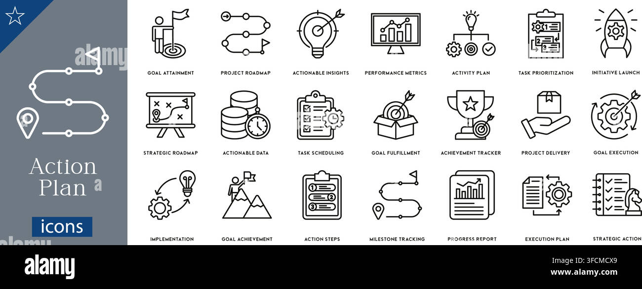 Action plan icons set showing goal attainment, project roadmap, actionable insights, performance metrics, activity plan, task prioritization, launch Stock Vector