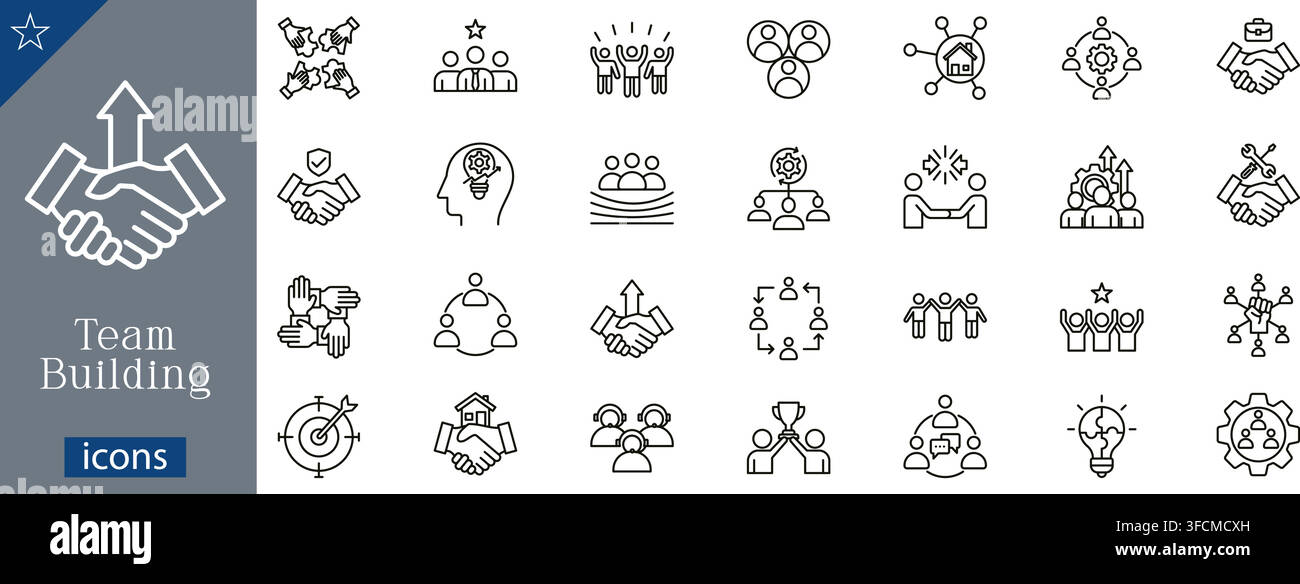 Team building icons set showing partnership hands, corporate leadership, teamwork success, remote team, network connection, organizational chart Stock Vector