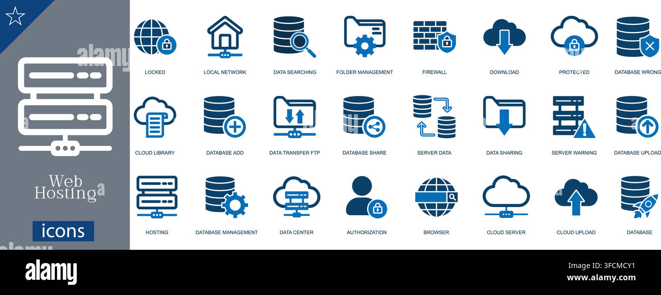 Web hosting icons set showing server, locked network, data search, folder management, firewall, cloud download, protected, database icons vector Stock Vector