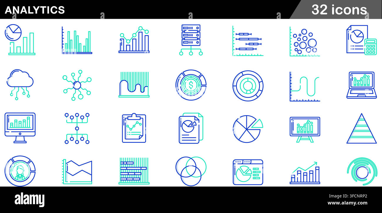 Vector line icon set of data analytics and statistics concepts including pie charts, bar graphs, server data, area charts, and report diagrams. Stock Vector