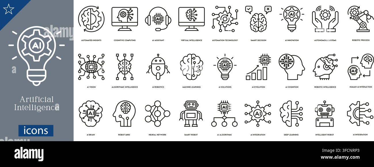 Vector line icon set of artificial intelligence concepts including machine learning, neural networks, robotics, AI brain, and smart tech symbols. Stock Vector