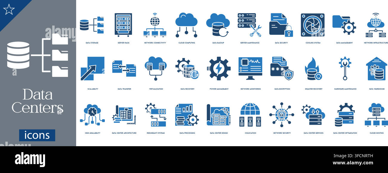 Vector solid icon set of data center and cloud computing concepts including server racks, network security, data backup, and database storage. Stock Vector