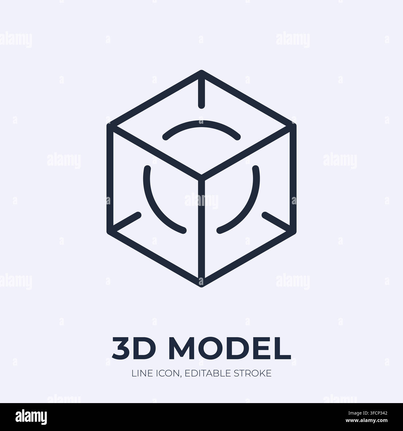 3D model line icon. Digital prototype linear vector illustration. Thin sign of geometric sphere inside cube for product design, spatial visualization Stock Vector