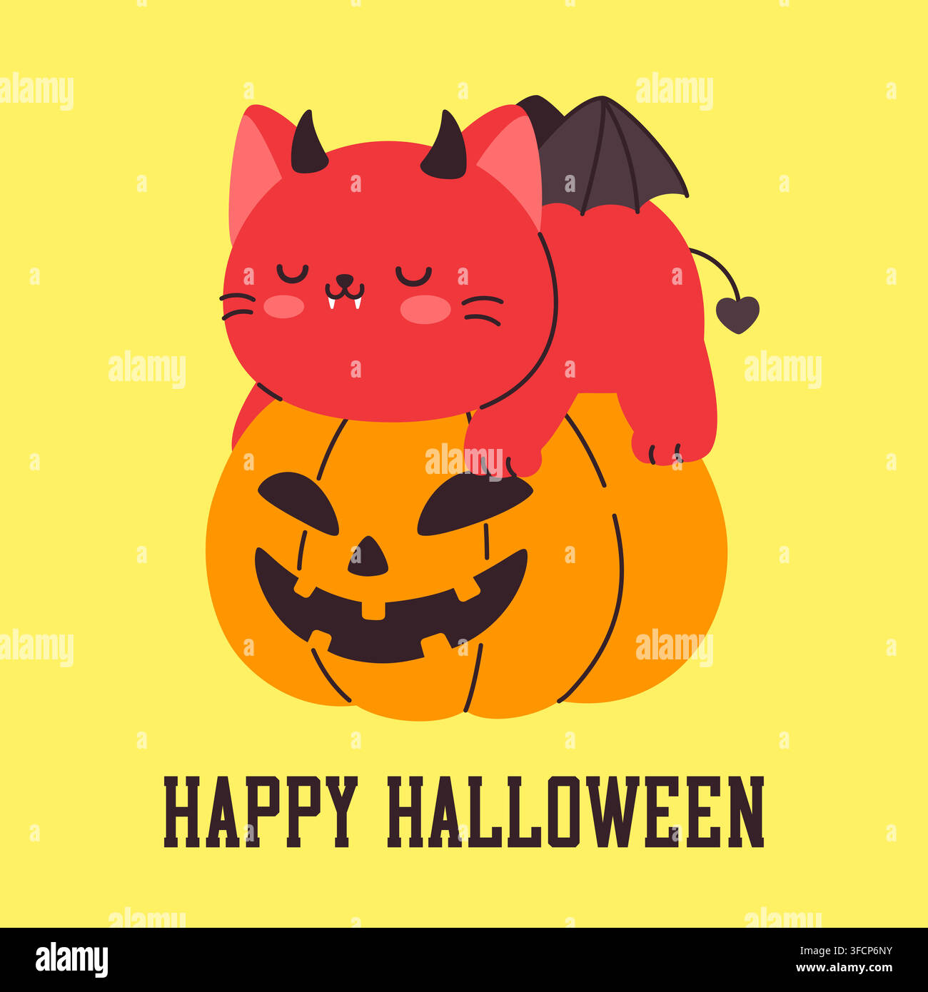 Cute sleeping devil cat on a Halloween pumpkin Vector Illustration Stock Vector