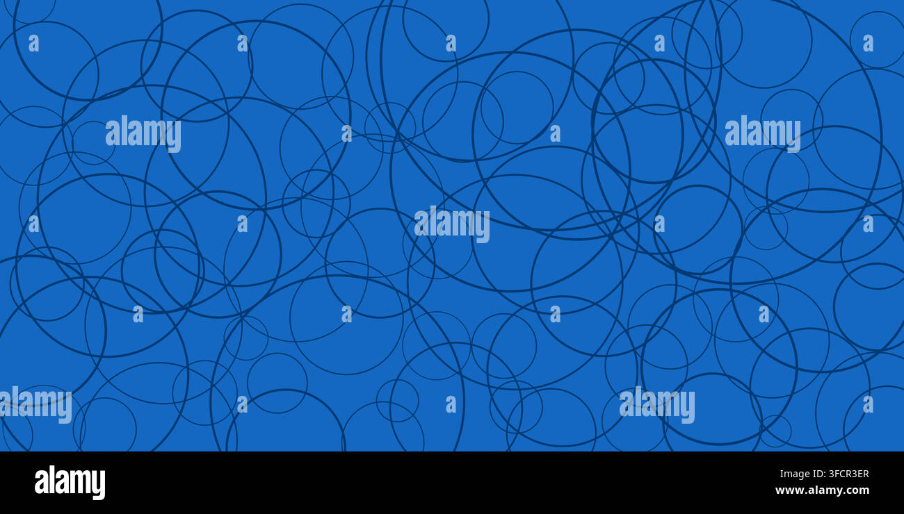 Abstract background featuring overlapping thin line circles in deep blue tones creating a layered geometric pattern. Ideal for web design, presentatio Stock Vector
