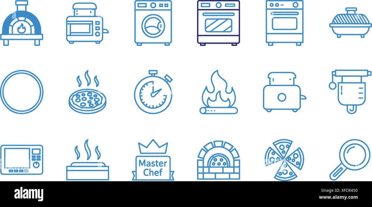Blue line art icons for kitchen appliances and cooking, showing ovens, toasters, and pizza. Stock Vector