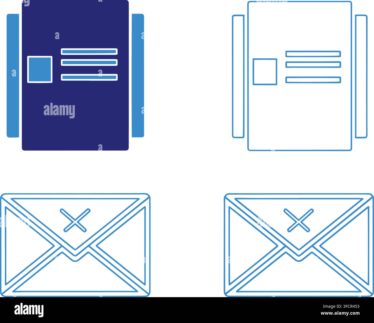Blue document and envelope vector line icons set for business communication email and office administration. Stock Vector