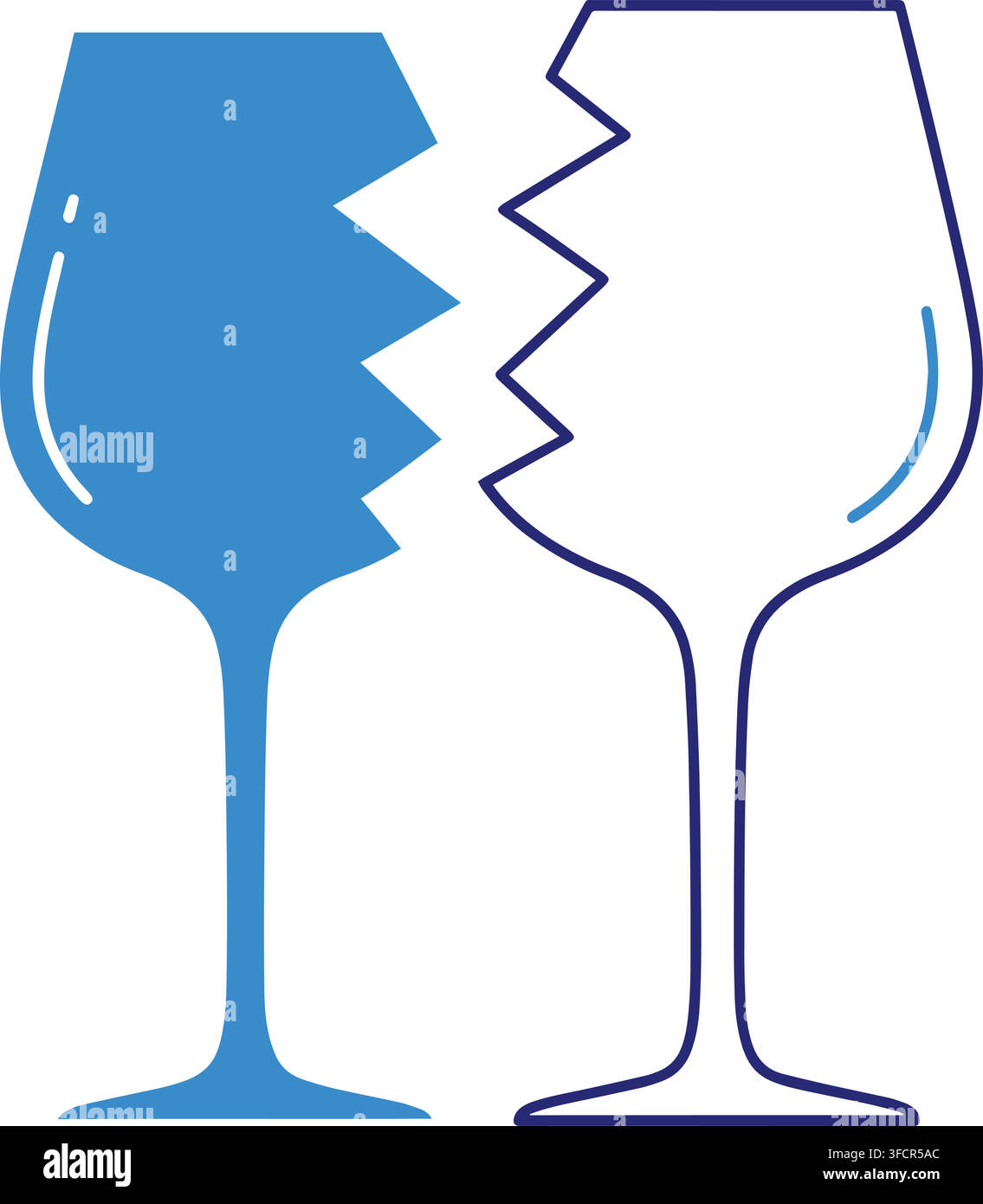 Broken wine glass vector icon set featuring solid blue and outline designs representing damage and fragility. Stock Vector