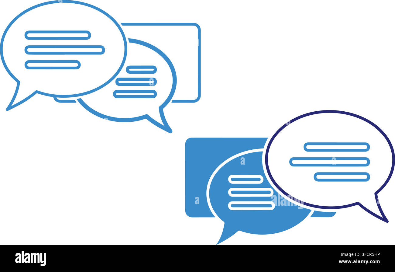 Chat bubble dialogue icons with text lines featuring blue outlines and solid styles for messaging applications. Stock Vector