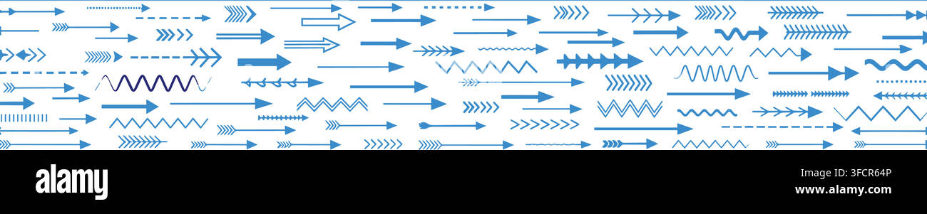 Horizontal blue arrow banner collection with diverse pointer styles including zigzag and dashed lines for web. Stock Vector